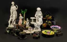 Box of Figurines & Pottery Items including a tall Grecian style figure with a dog,