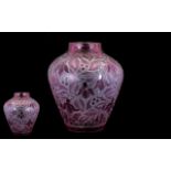 Art Deco Style Acid Cameo Cut Amethyst Glass Vase, cut into the body with a floral design. Unsigned,