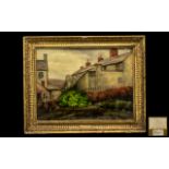Alfred Thornton Oil on Canvas depicting a house with a garden bench and hedging.
