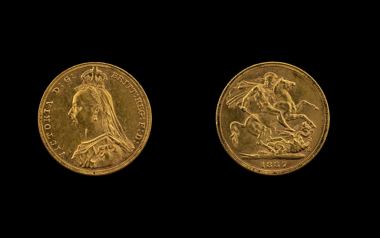 Queen Victoria Jubilee Head 22ct Gold Full Soverign Date 1887. Melbourne mint. Good grade.