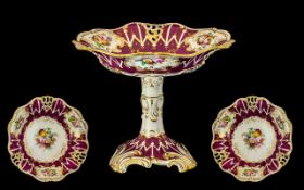 Large Antique Davenport Footed Comport decorated with floral panels with puce coloured borders