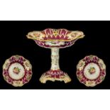 Large Antique Davenport Footed Comport decorated with floral panels with puce coloured borders