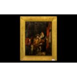 Antique Oil Painting on Canvas laid on board, depicting Henry VIII with his wife, the Queen,