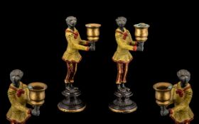 Pair of Cold Painted Bronze Candlesticks - in the form of Monkeys holding the candle holder on