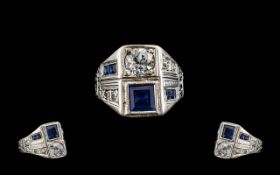 Art Deco Period 18ct White Gold Superb Sapphire and Diamond Set Ring. Marked 18ct.