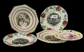 A Collection of Five Staffordshire Antique Pottery Children's Plates with embossed moulded edges.