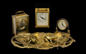 Box of Miscellaneous Brass Ware to include two carriage clocks, two frog shaped ashtrays,