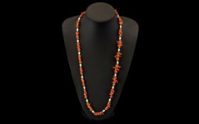 Antique Period Coral and Pearl Necklace with gold tone spacers. 28" - 70 cm in length.