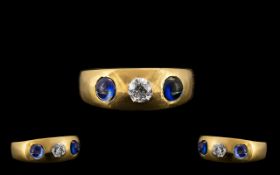 18ct Gold Antique Sapphire And Diamond Ring Central Old Round Cut Diamond Set Between Two Cabochon