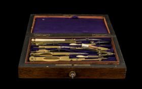 Vintage Draughtsman's Set in decorative inlaid wooden box with key.