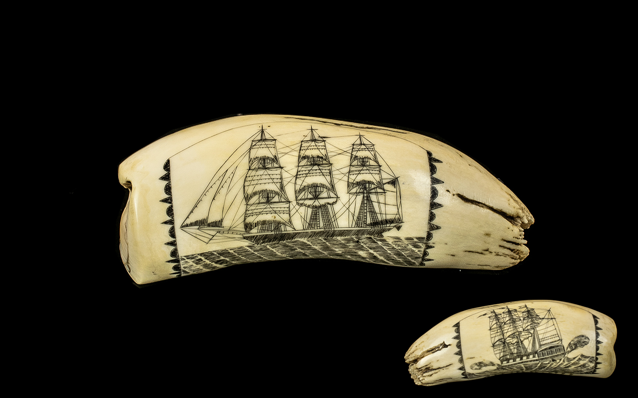 Antique Sailors Scrimshaw Engraved Whale Tooth finely detailed depicting a ship in full sail and