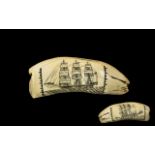 Antique Sailors Scrimshaw Engraved Whale Tooth finely detailed depicting a ship in full sail and