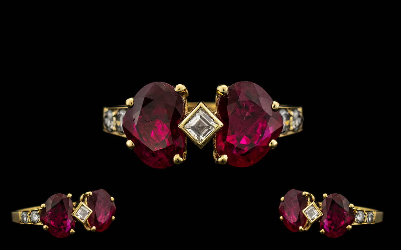 18ct Yellow Gold Attractive Sweethearts Rubies and Diamond Set Ring the two large heart shaped