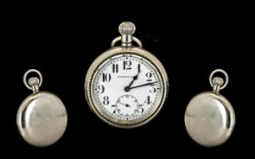 Satisfaction Swiss Made Open Faced Keyless Pocket Watch. Features lever movement. Secondary dial.