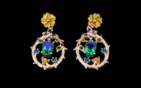Peacock Quartz, Neon Apatite, Fire Opal, Amethyst and Russian Diopside Drop Earrings, in Art Nouveau