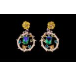 Peacock Quartz, Neon Apatite, Fire Opal, Amethyst and Russian Diopside Drop Earrings, in Art Nouveau