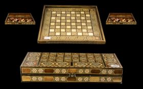 Moroccan Wooden Chess Set - Housed in an inlaid Back-Gammon case, with outer Chess board inlaid.