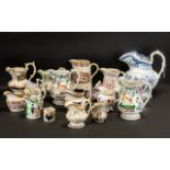A Collection of 20 Antique Pottery Staffordshire Jugs various shapes and sizes and decorations.