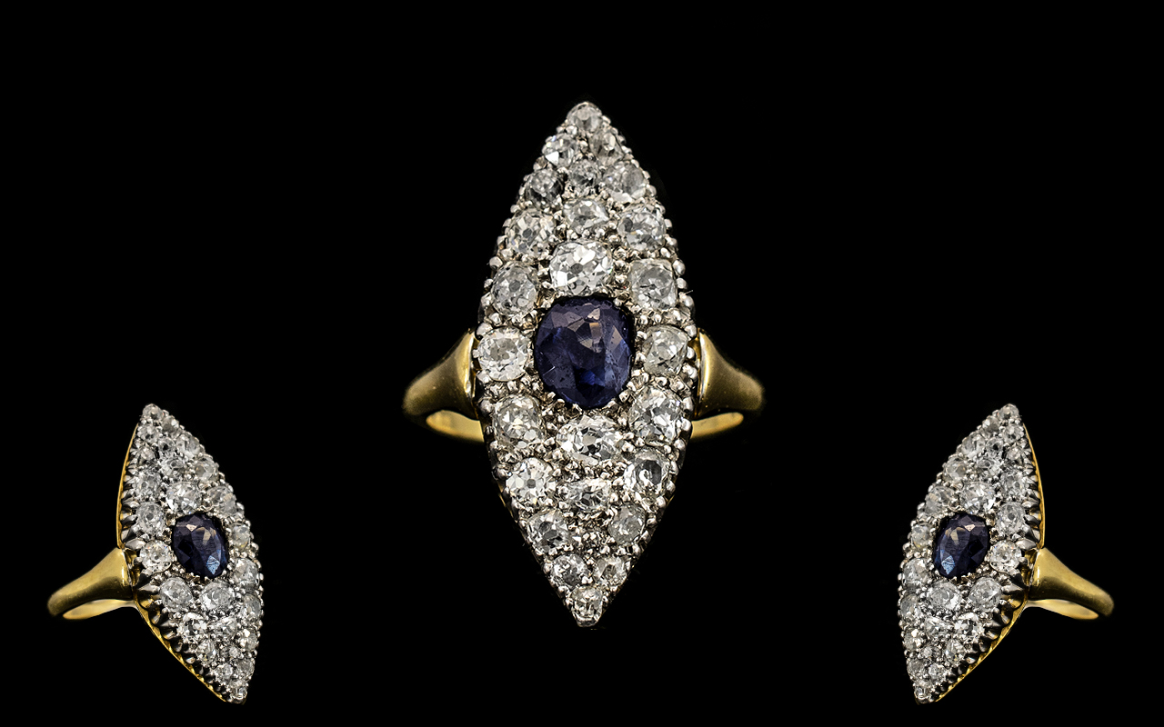 Edwardian Period 18ct Gold Attractive and Nice Quality Large Marquise Shaped Diamond and Sapphire