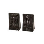Pair Antique Carved Wood Corbels depicting a King wearing a Crown and a lady in gown and headdress.