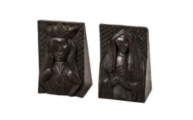 Pair Antique Carved Wood Corbels depicting a King wearing a Crown and a lady in gown and headdress.