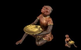 Mid 20th Century - Fine Gold Painted Bronze of a Seated Monkey - Large Holding a Shell Shaped Brass