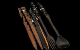 Five African Fine Quality Carved Hardwood Figured Handled Paper Knives, Fork & Spoon of good