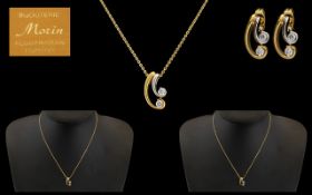 French 18ct Gold Diamond Pendant and Earring Set the pendant of scroll form in yellow and white