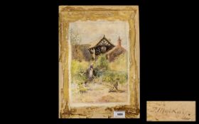 John Mackay Signed Watercolour Drawing of a girl tending a cottage garden, with a wheelbarrow.