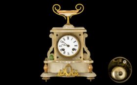 French Alabaster Mantel Clock White Enamelled Dial Roman Numerals, Gilt Mounts, Urn Shaped Finial,