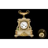 French Alabaster Mantel Clock White Enamelled Dial Roman Numerals, Gilt Mounts, Urn Shaped Finial,