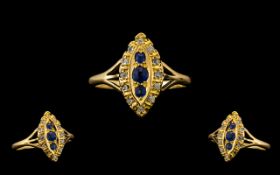 Antique Period Attractive 18ct Gold Boat Shaped Sapphire & Diamond Set Dress Ring marked 18ct.