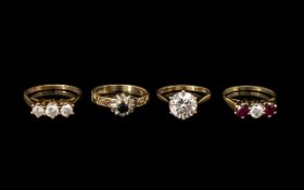 Collection Of Four 9ct Gold Rings, Single Stone CZ Solitaire, Three Stone CZ Ring,