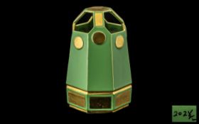 Unusual Art Deco Shaped Green Glazed Pottery Vase of futuristic shape (The Tardis).