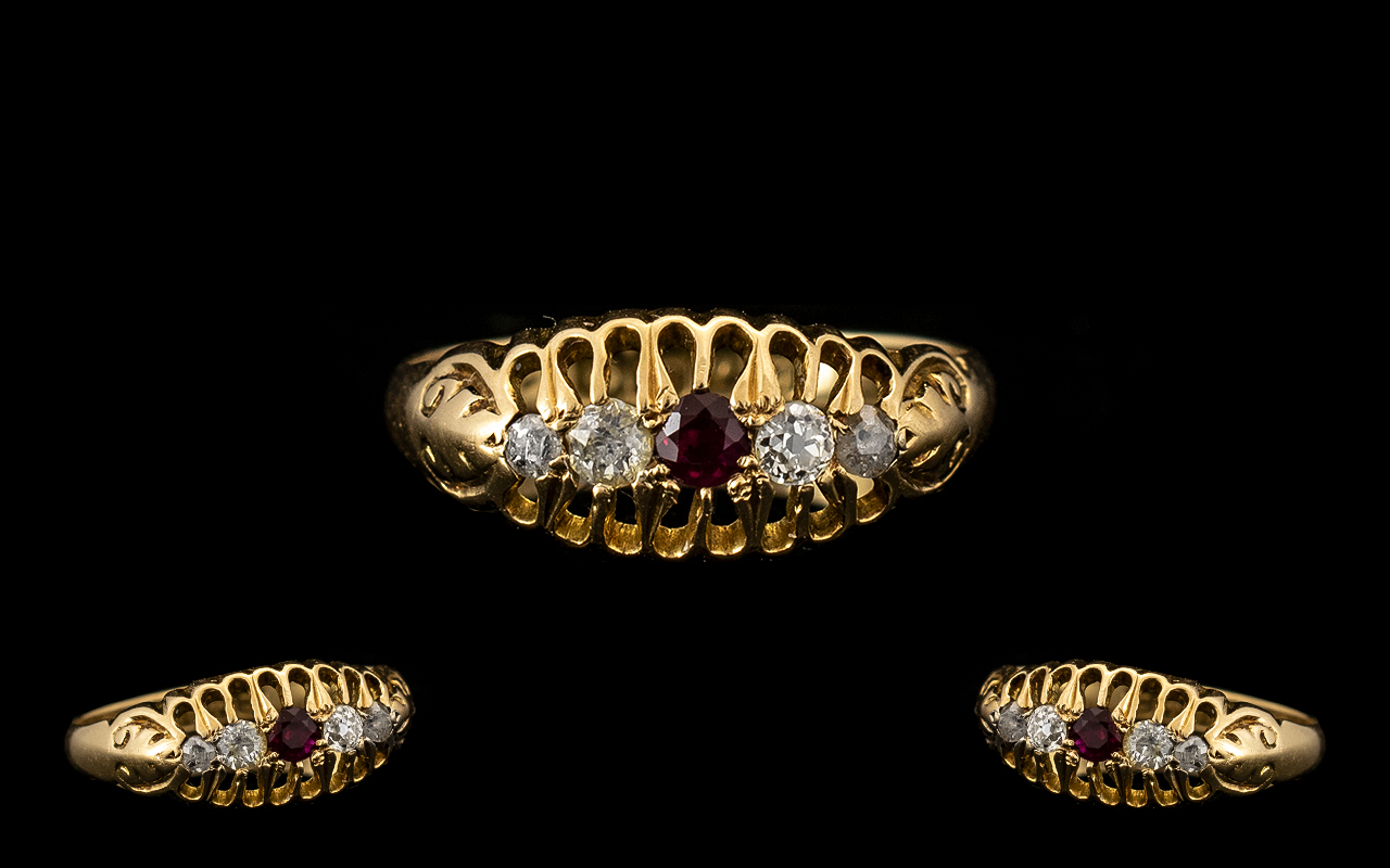 18ct Gold Attractive Edwardian Period 5 Stone Ruby & Diamond Set Ring.