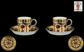 Royal Crown Derby Old Imari Pattern Single Gold Band Pair of Coffee Cans and Saucers.