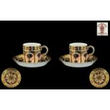 Royal Crown Derby Old Imari Pattern Single Gold Band Pair of Coffee Cans and Saucers.