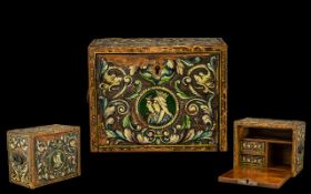 European 19th Century Carved and Painted Lidded Wooden Box with key with fitted interior. Size 6'' -