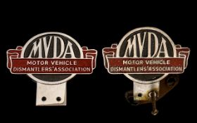 Two Enamel & Chrome Motor Vehicle Car Badges Vehicle Dismantlers Association MVDA.