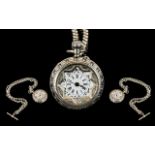 Ladies - Antique Period - Attractive Silver & Ornate Fob Watch - Keyless and Chain. Date 1890.