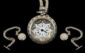 Ladies - Antique Period - Attractive Silver & Ornate Fob Watch - Keyless and Chain. Date 1890.