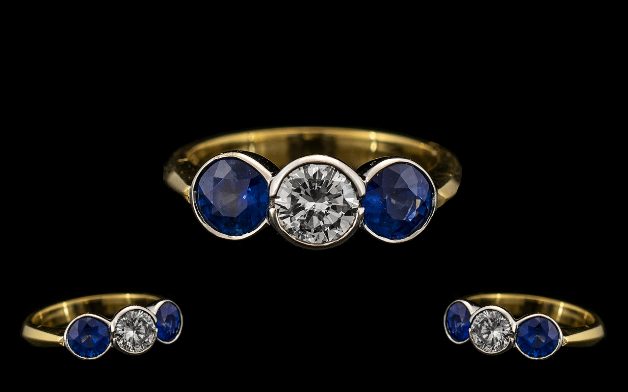 Art Deco Period Good Quality and Pleasing 18ct Gold Three Stone Sapphire and Diamond Set Ring rub
