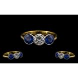 Art Deco Period Good Quality and Pleasing 18ct Gold Three Stone Sapphire and Diamond Set Ring rub