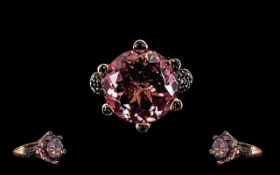 Rose de France Amethyst Large Solitaire and Black Spinel Accent Ring,