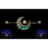 Victorian Period - Gold Set Superb Diamond and Opal Set Crescent Moon Brooch of Wonderful Form and
