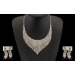 White Crystal Bib Necklace and Drop Earrings Set,