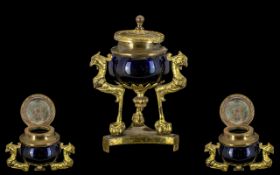 French Antique Ormolu Bronze Ink Well on three classical shaped leg supports of birds,