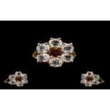 Ladies Attractive 9ct Gold Orange Topaz & White Topaz Set Dress Ring. Fully hallmarked 9.375.