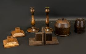 Arts & Crafts Golden Oak Candle Sticks. Collection of early 20th century oak, to include bookends,