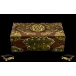 Antique Chinese Hardwood Lidded Box - applied with Brass fret worked bats and other motifs.